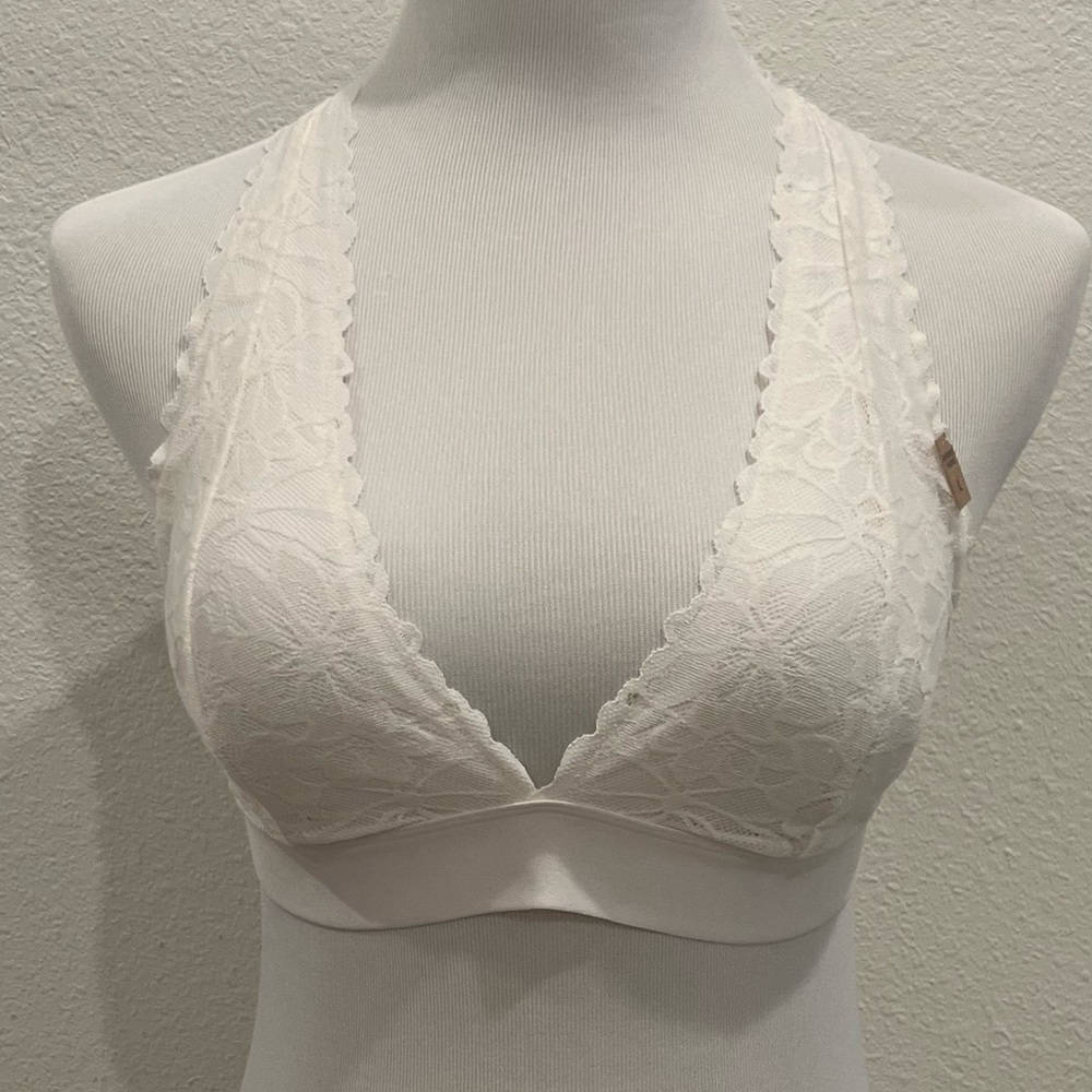 NEW Pink Victoria’s Secret Floral Lace Strappy‎ Halter Bralette XL Ivory Cream